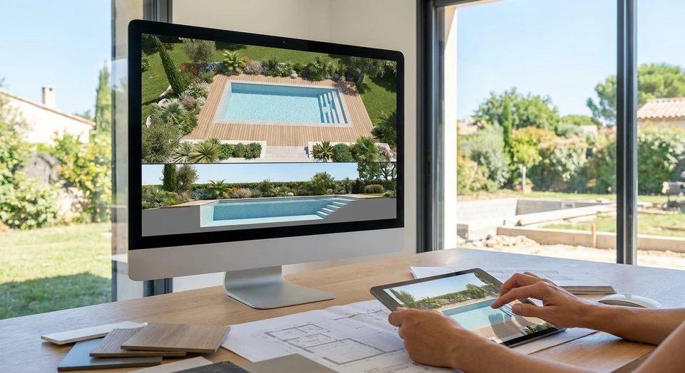 Un écran d'ordinateur ou une tablette affichant une modélisation 3D professionnelle d'une piscine en béton, montrant une perspective vue du dessus et latérale du bassin avec détails architecturaux (escalier intégré, abords aménagés, dimensions claires), dans un cadre de bureau ou de site de chantier, illustrant l'outil de visualisation numérique avant construction.
