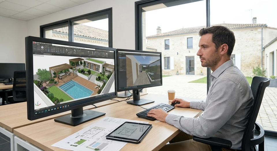 Concepteur 3D professionnel travaillant à son bureau sur un écran d'ordinateur affichant une modélisation 3D d'aménagement extérieur paysager (plan 3D d'un jardin avec terrasse, végétation et pool ou piscine visible à l'écran), l'expert concentré sur sa création digitale, environnement de bureau clair et professionnel. La scène doit clairement montrer le travail de modélisation digitale pour souligner l'expertise technique interne rare mentionnée.