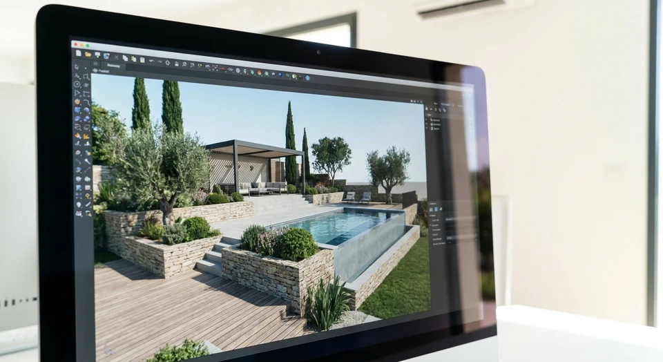 Gros plan ou vue partielle d'un écran d'ordinateur affichant une modélisation 3D professionnelle d'un projet d'aménagement extérieur (jardin, terrasse, piscine ou combinaison), avec des détails visibles : perspective réaliste, textures, végétation modélisée, bassin ou piscine, dallage. L'image doit montrer clairement l'interface de conception 3D, les couleurs naturelles et la qualité de la modélisation pour illustrer la visualisation précise du projet avant travaux.