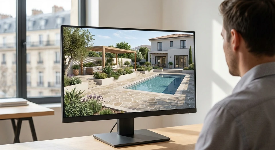 Écran d'ordinateur affichant un rendu 3D photoréaliste d'un projet d'aménagement extérieur complet : une terrasse en pierre naturelle récemment modélisée, avec une piscine adossée, des zones de végétation intégrées, une pergola en bois ou acier, et la maison en arrière-plan. La scène doit montrer clairement qu'il s'agit d'une visualisation numérique professionnelle, avec des détails architecturaux précis et des matériaux identifiables. L'image peut montrer un écran seul ou une personne regardant l'écran de face, dans un contexte de présentation ou de conception.