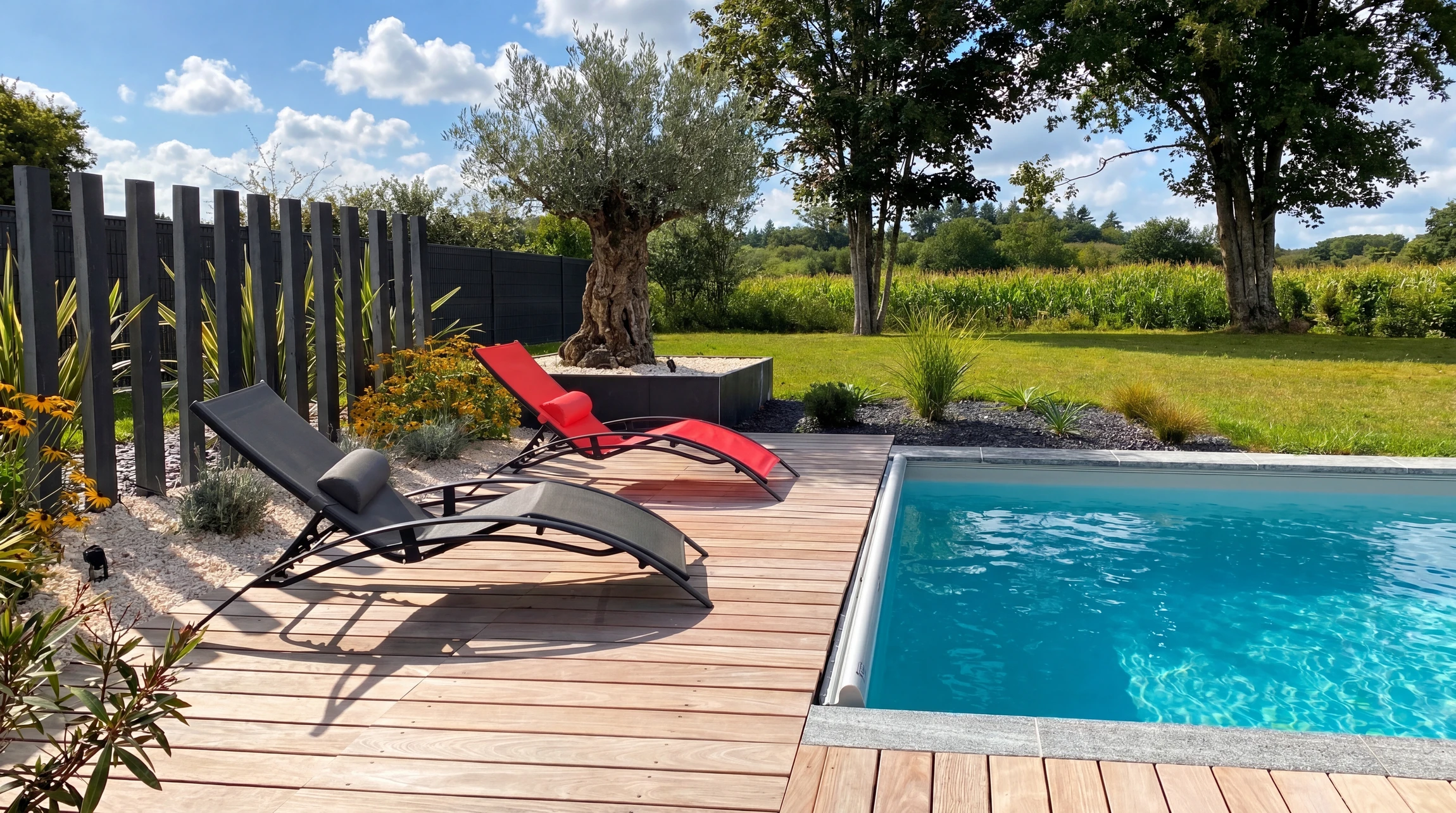 Terrasse en bois exotique (ipé ou teck) entourant une piscine à débordement intérieur avec liner gris anthracite
