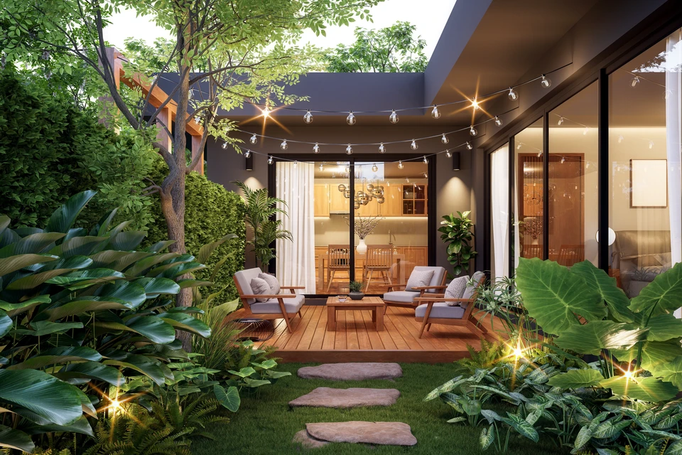 Rendu 3D photoréaliste d'une terrasse en bois ou pierre intégrée à un espace extérieur résidentiel moderne. L'image montre une visualisation numérique claire du projet final avec mobilier de jardin, plantes, et la maison en arrière-plan, illustrant comment le client peut prévisualiser son aménagement avant le début des travaux.