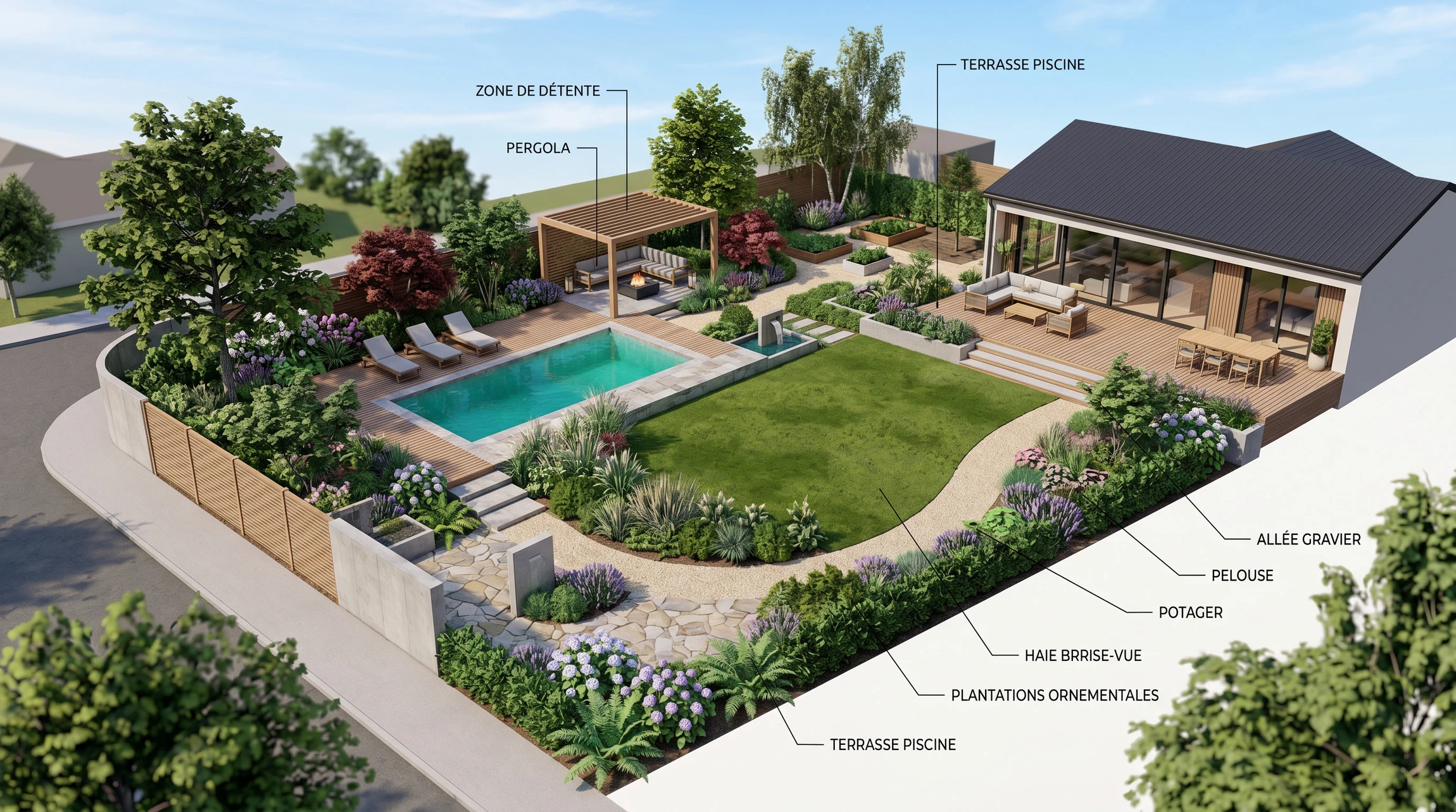 Photographie d'un professionnel paysagiste travaillant sur un ordinateur de bureau haut de gamme affichant un plan 3D détaillé d'un jardin aménagé avec terrasse, piscine et végétation. L'écran est le point focal, montrant clairement une visualisation 3D professionnelle du projet. Le professionnel est assis à son poste de travail dans un bureau moderne et épuré. En arrière-plan flou, on peut entrevoir des matériaux ou références d'aménagement extérieur (pierre, plantes). La scène doit transmettre l'expertise technique et la professionnalité du service de conception 3D proposé par LB Paysages.