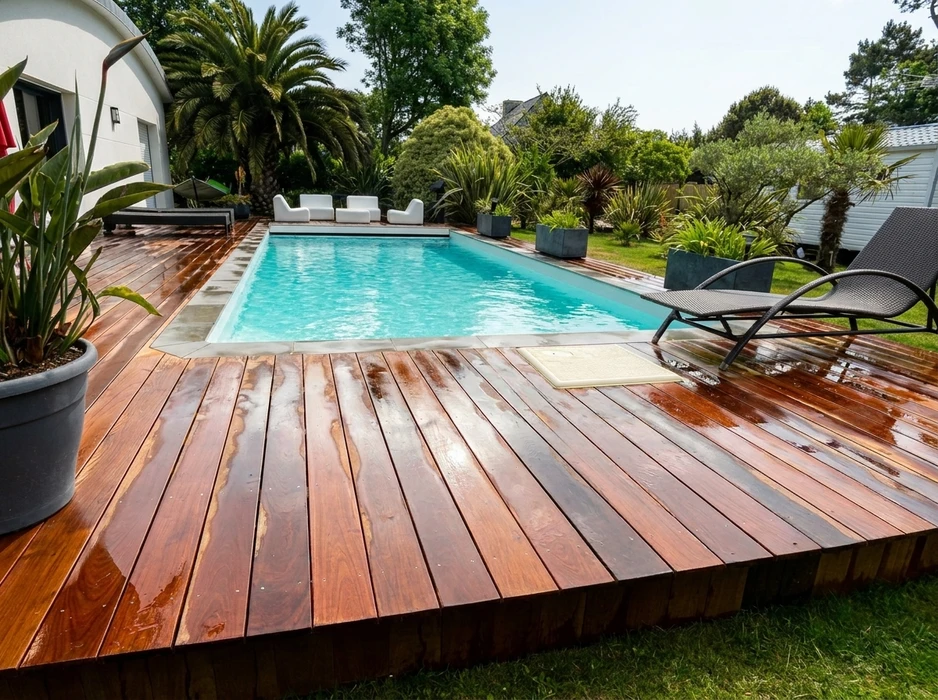 Terrasse extérieure en dalles de pierre naturelle type ardoise ou schiste bleu-gris, posées en appareillage décalé