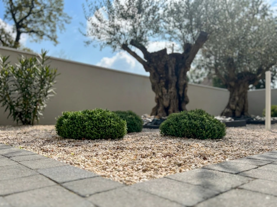 Terrasse extérieure en dalles de pierre naturelle type ardoise ou schiste bleu-gris, posées en appareillage décalé
