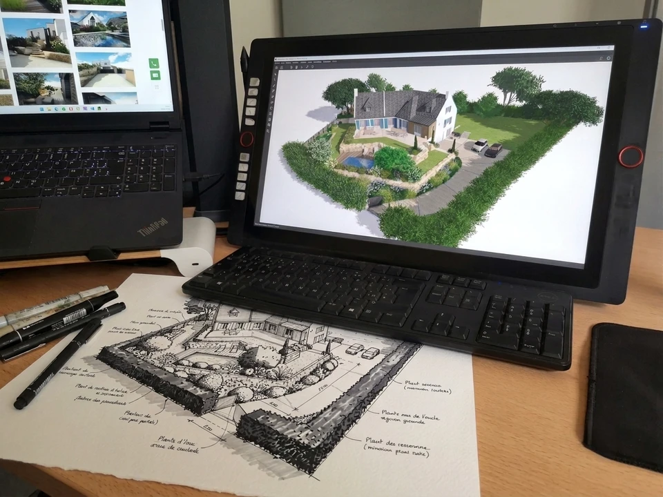 Écran d'ordinateur affichant un rendu 3D photoréaliste d'un projet d'aménagement extérieur complet : une terrasse en pierre naturelle récemment modélisée, avec une piscine adossée, des zones de végétation intégrées, une pergola en bois ou acier, et la maison en arrière-plan. La scène doit montrer clairement qu'il s'agit d'une visualisation numérique professionnelle, avec des détails architecturaux précis et des matériaux identifiables. L'image peut montrer un écran seul ou une personne regardant l'écran de face, dans un contexte de présentation ou de conception.